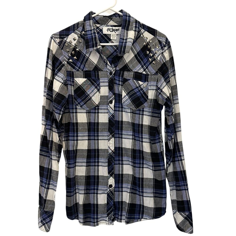 Fox Women's Blue and White Plaid Stretchy Button Up Shirt‎ Studs Western Size XL